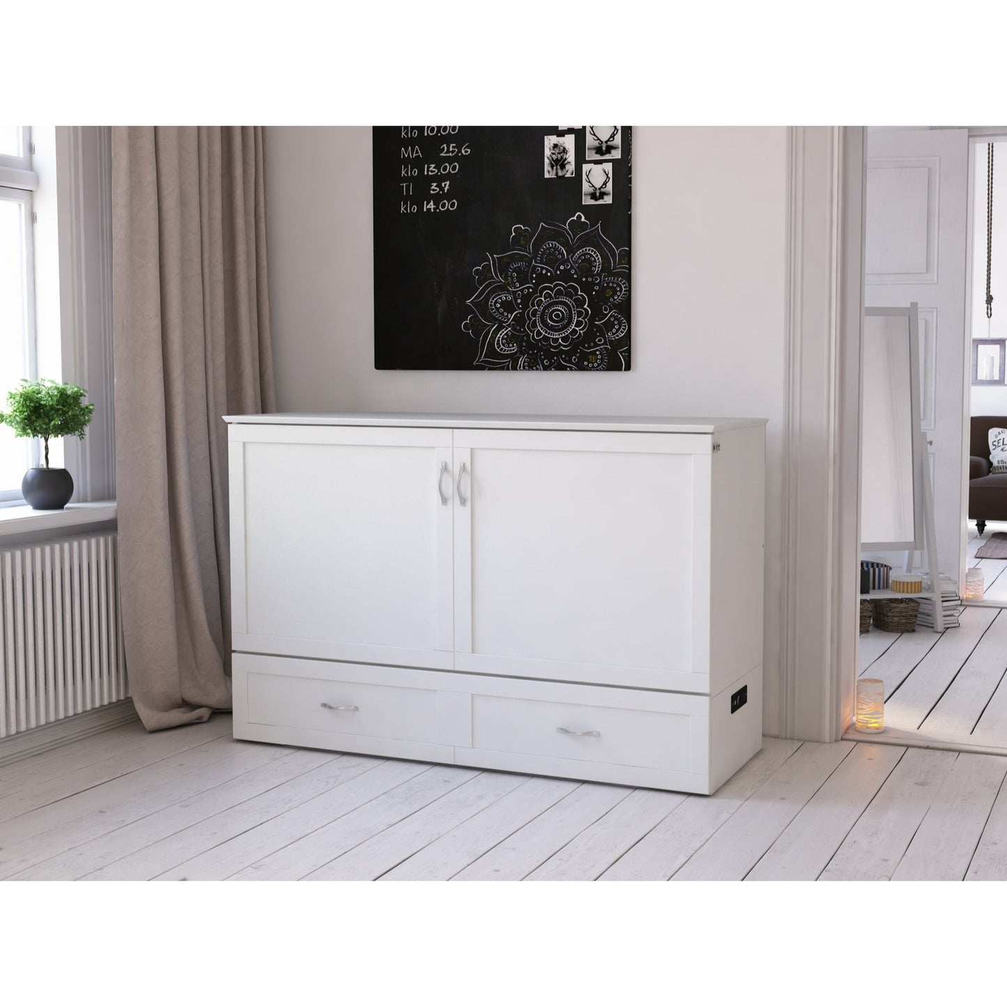 AFI Hamilton Queen Solid Wood Murphy Bed Chest with Mattress, Drawer and Charger in White