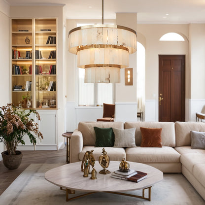 Alabaster Three-Tier Chandelier with Metal Natural Stone , Hanging Light Fixtures and Modern Chandelier for Living Room