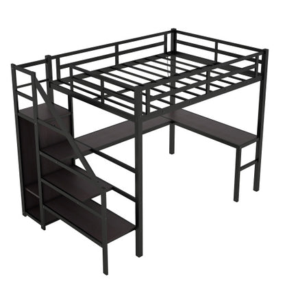 Full Size Loft Bed With L-shaped Desk And USB, Metal Loft Bed With Wardrobe And Adjustable Shelf, High Loft Bed With LED For Kids Teens Adults, Black