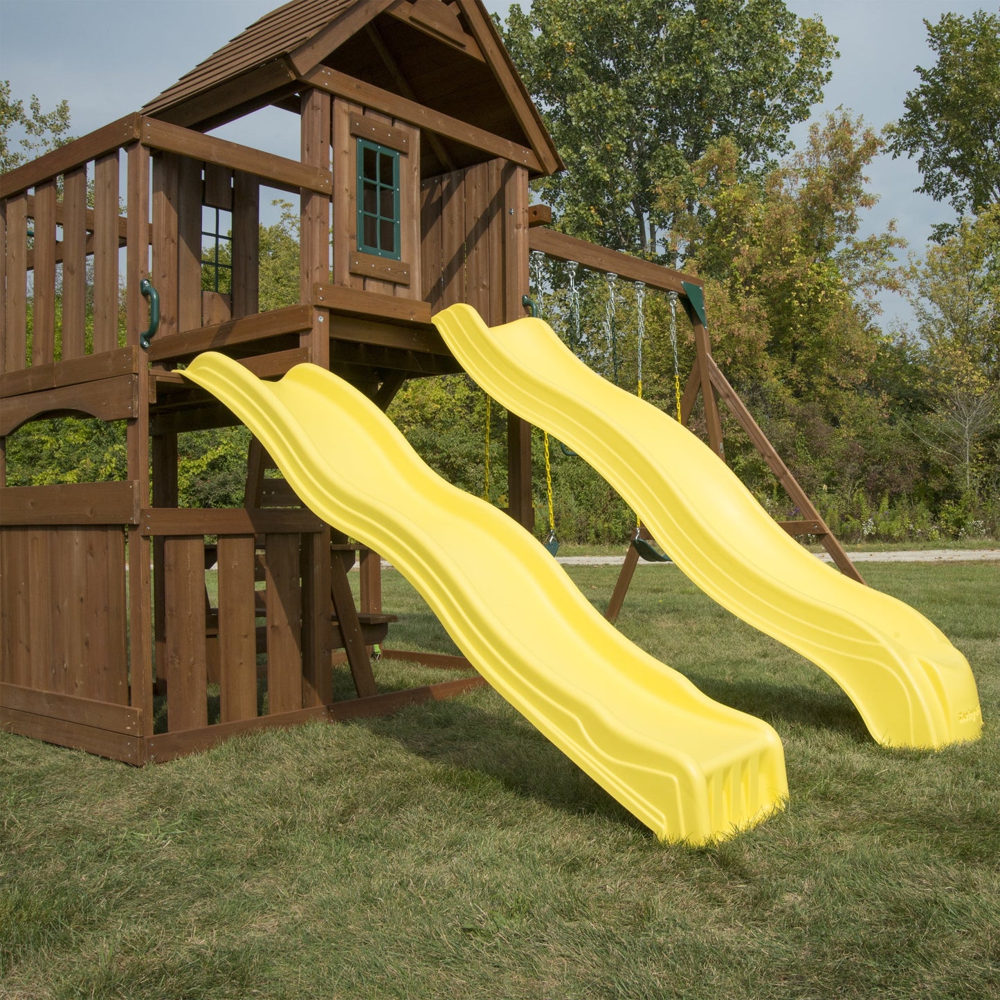 Swing-N-Slide Timberview Wooden Backyard Swing Set with Two Yellow Wave Slides, Wood Roof, Swings, and Monkey Bars