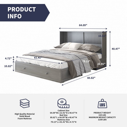 ZAFLY Murphy Bed with Trifold Foam Mattress, Cabinet Bed has USB Charging Station, Convertible Bed with Storage Platform, Cabinet Chest Bed with Large Drawers for Living Room/Bedroom (Grey)