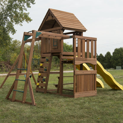 Swing-N-Slide Timberview Wooden Backyard Swing Set with Two Yellow Wave Slides, Wood Roof, Swings, and Monkey Bars