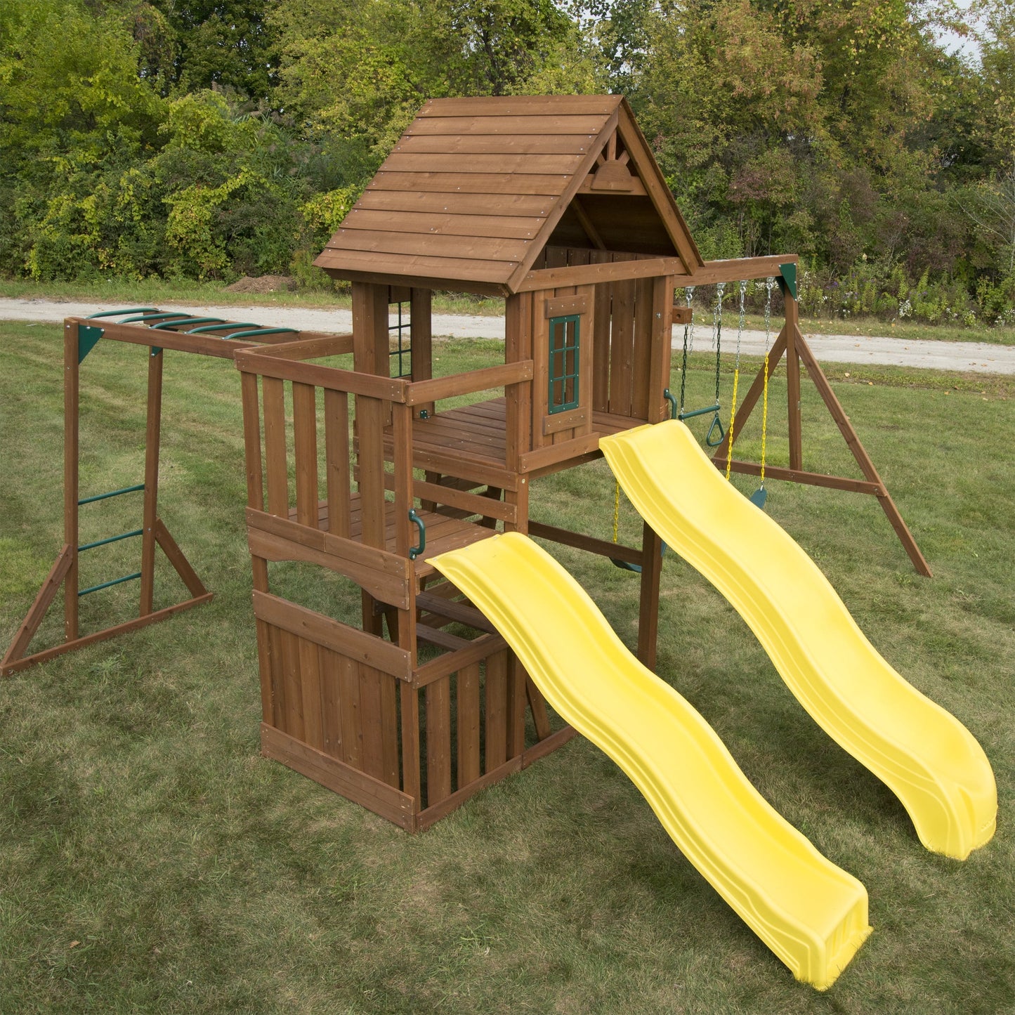 Swing-N-Slide Timberview Wooden Backyard Swing Set with Two Yellow Wave Slides, Wood Roof, Swings, and Monkey Bars