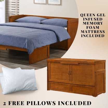 Night & Day Furniture Cube Cabinet Murphy Chest Bed With 6 Inch Memory Foam Mattress (Queen, Hickory Oak)