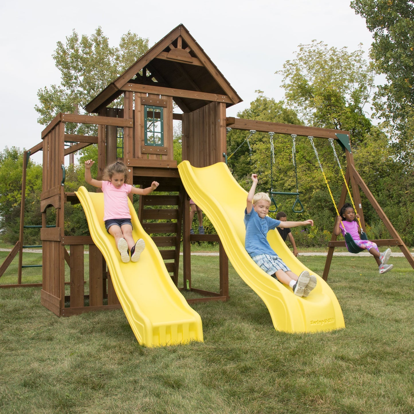 Swing-N-Slide Timberview Wooden Backyard Swing Set with Two Yellow Wave Slides, Wood Roof, Swings, and Monkey Bars