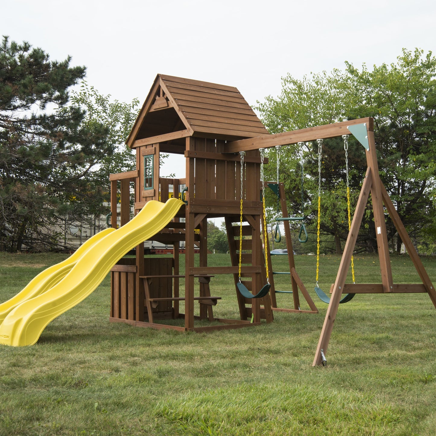 Swing-N-Slide Timberview Wooden Backyard Swing Set with Two Yellow Wave Slides, Wood Roof, Swings, and Monkey Bars